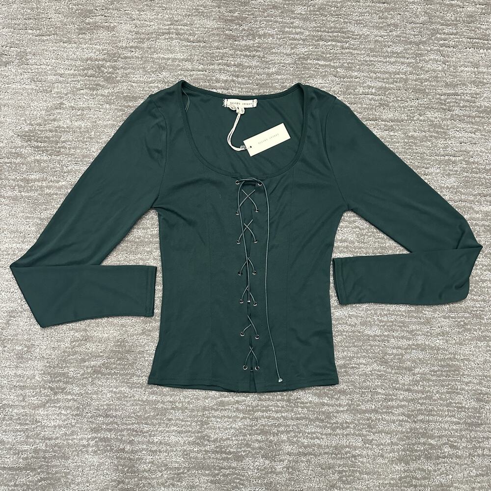 Gilded Intent Top Womens Small Green Lace Up Whimsy Goth Grunge Ribbed